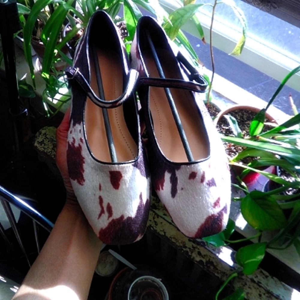 Ballet Mary Jane Flats in Brown & White Cowhide Print - Picture 5 of 14